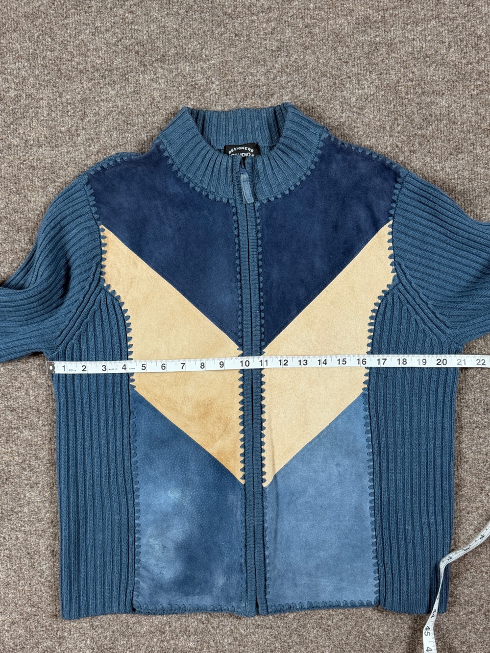 Vintage Blue Suede Leather Colorblock Zip Up Cardigan Sweater Jacket Women’s L - Picture 9 of 9
